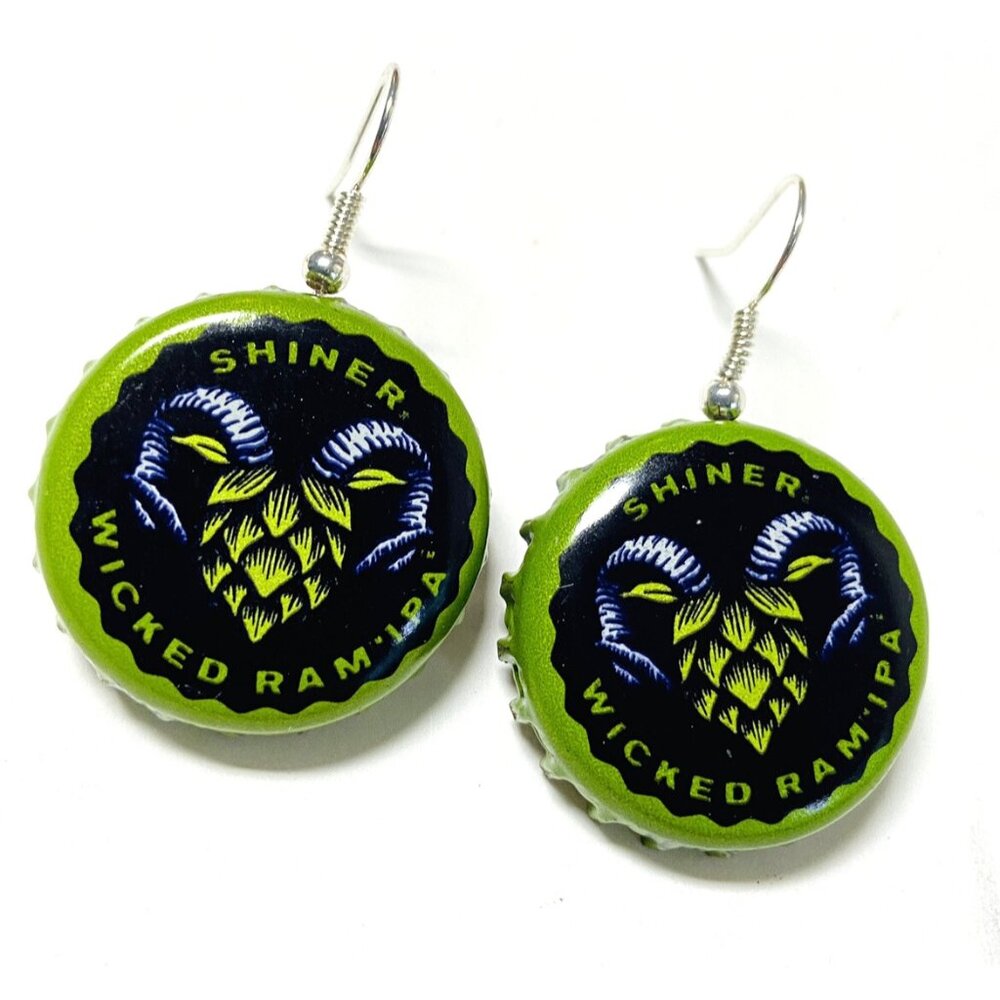 Shiner Wicked Ram IPA Beer Bottle Cap Earrings Dangle Fishhook Artisan FUN! NEW!